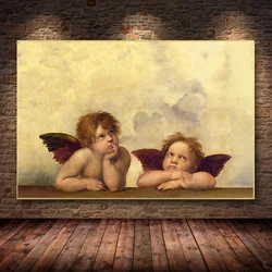 Raphael Classic Artwork Sistine Madonna 90's Baby Angels Poster Vintage Renaissance Canvas Painting Wall Art Pictures Home Decor