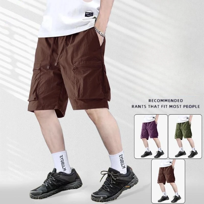 

Men's Ice Silk Multi Pocket Cargo Shorts Summer Thin Loose Straight Casual Outerwear Solid Color Drawstring Short Work Pants Men