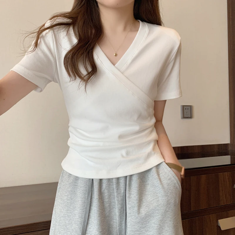 Elegant Cross V neck Slim T-shirt For Women Fashion Solid Slim Short Sleeve Tops Girly Summer Casual Versatile Pullover