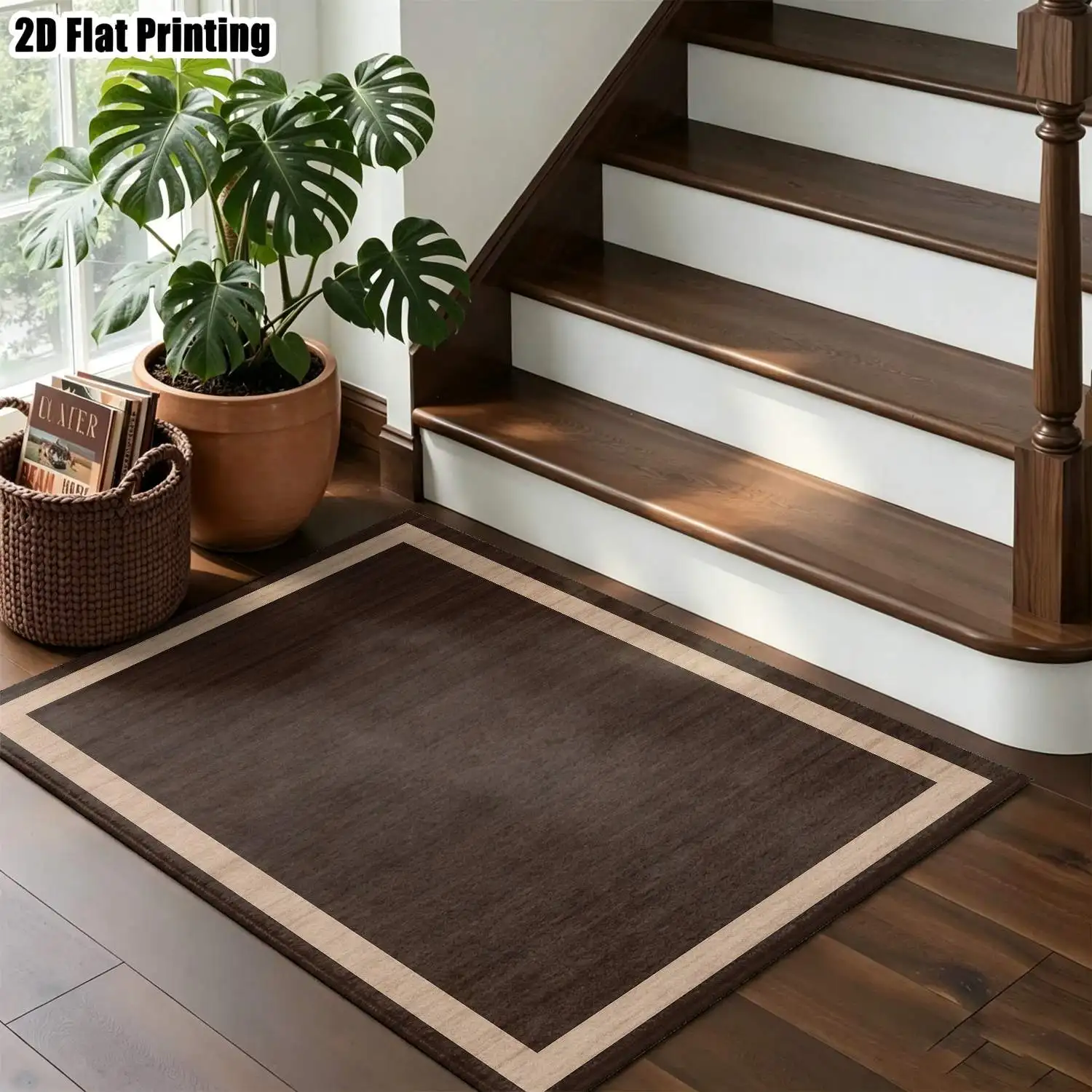 1Pc 2D Printed Carpet: Deep & Light Brown Geometric Border, Nordic/Instagram Style, Machine Washable, Multi-Size, Ideal for Home Decor, Entrance, Dining, Living, Bedroom