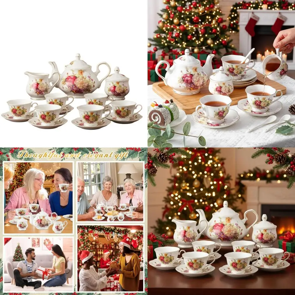 

Vintage Floral British Porcelain Tea Set, 6 Oz Cups, Christmas Tea Pot, Wedding Coffee Supplies for Adults