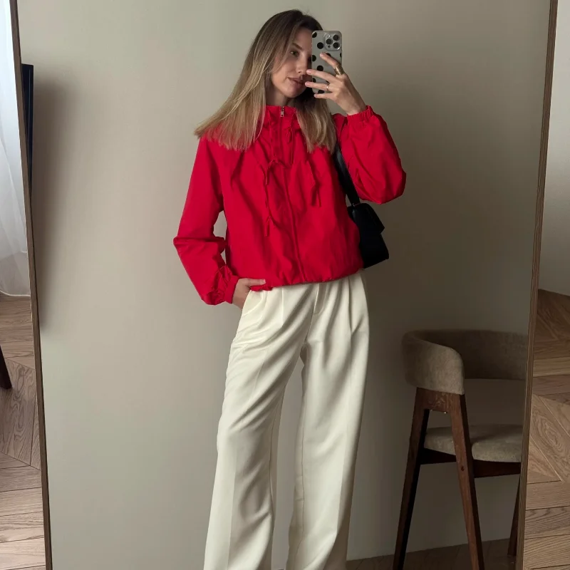 American Retro Commute Coat Stand Collar Zipper Patchwork Drawstring Lace Up Loose Fitting Jacket Spring Fall Daily Lady Jackets