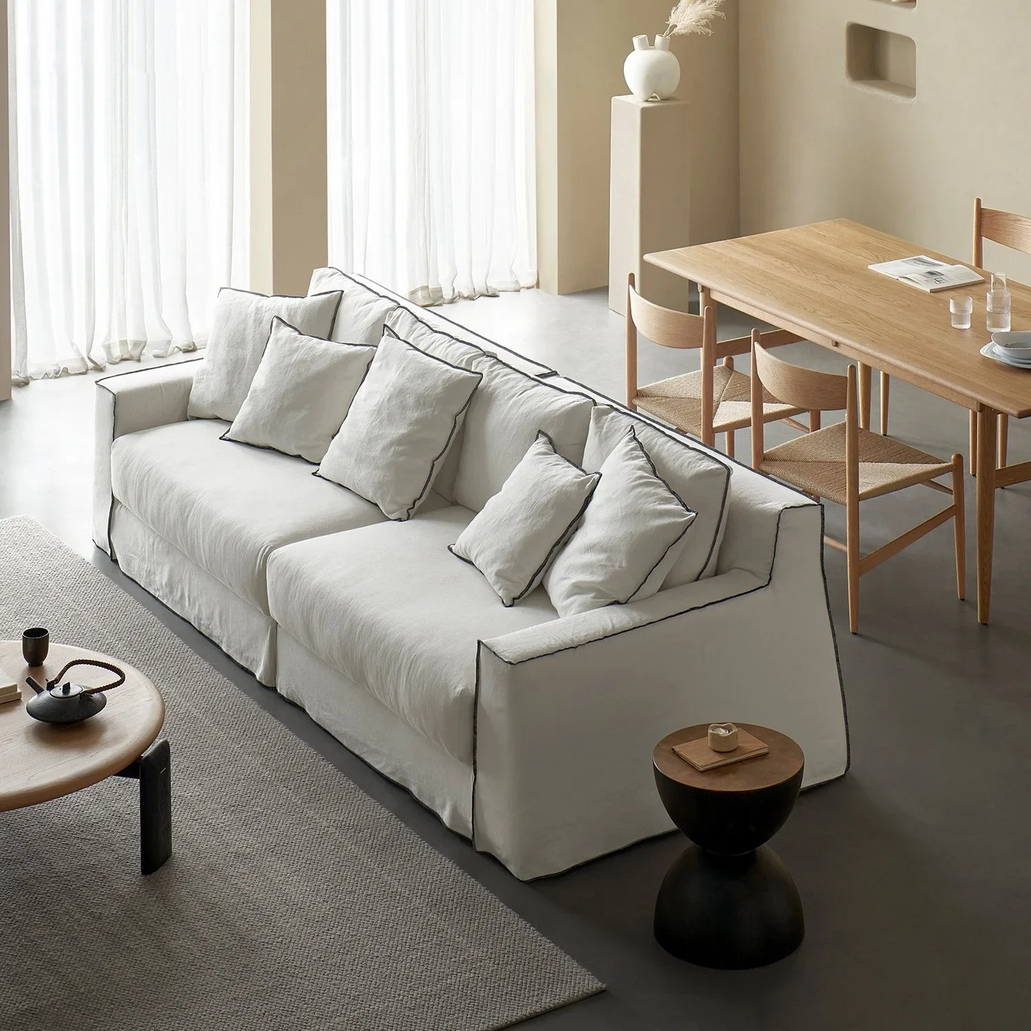 Living room new wabi-sabi wind model room B & B linen fabric cream wind straight row sofa