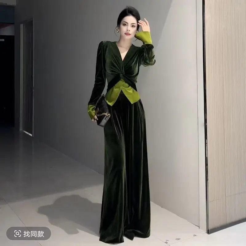 

V-neck Patchwork Bell-sleeved Top Fashionable Wide-leg Pants Two-piece Se Contrasting Color Casual Suit