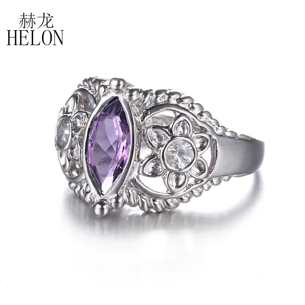 HELON Solid 14k 10k White Gold Flawless Marquise Cut 10x5mm Genuine Natural Amethyst Moissanite Diamonds Jewelry Engagement Ring