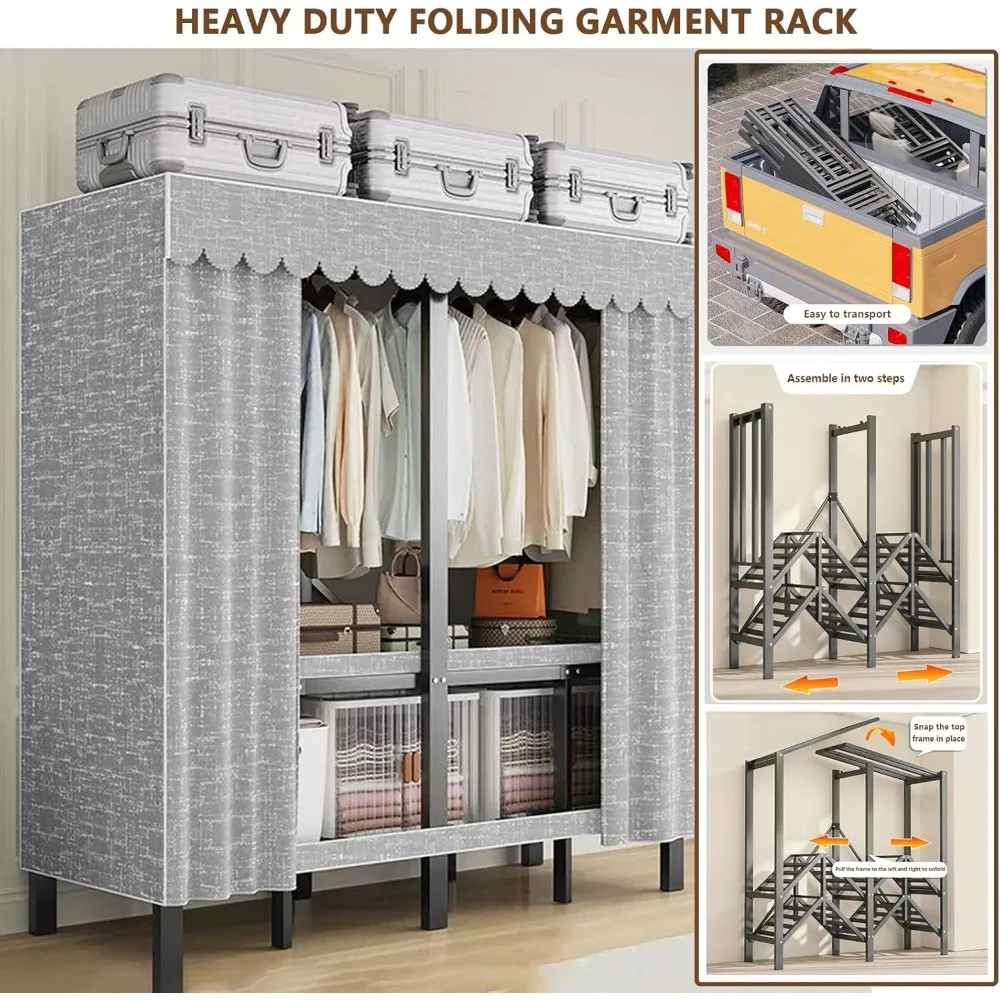 Portable Heavy-Duty Foldable Clothes Rack with Cover, Ideal for Hanging and Storing Clothing, Compact Garment Rack for Home Use