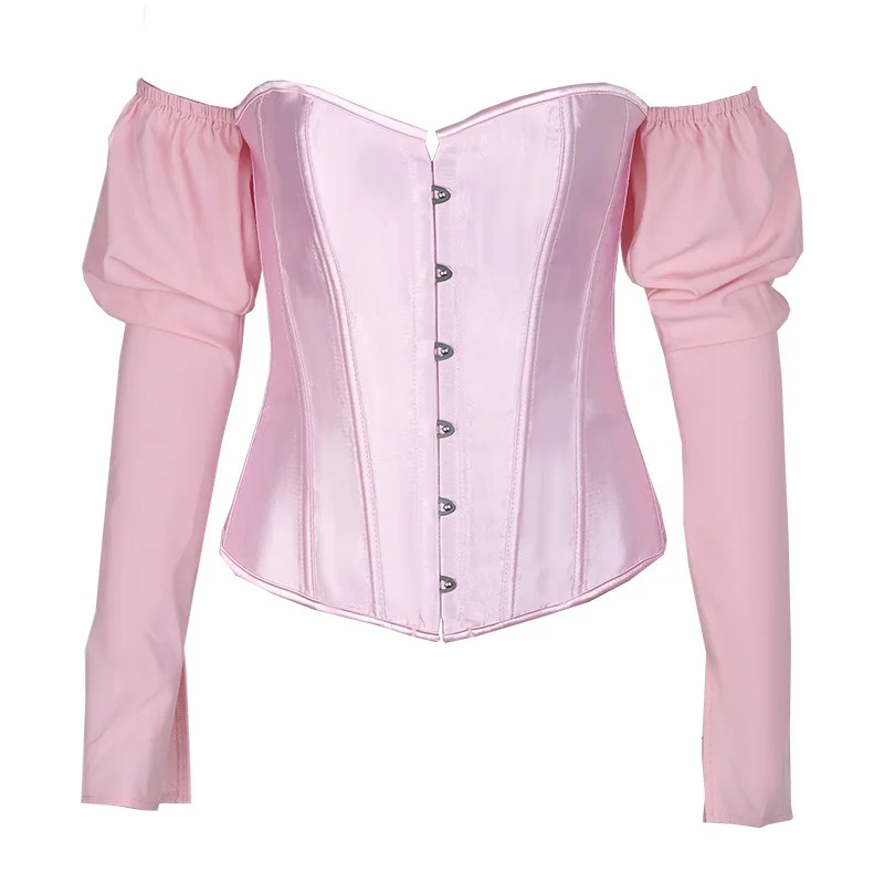 Slim Fit Fishbone Corset Women Bare Shoulder Long Sleeve Bustier Tops Push Up Bra Waist Trainer T-shirt Gothic Bodyshaper Bodice