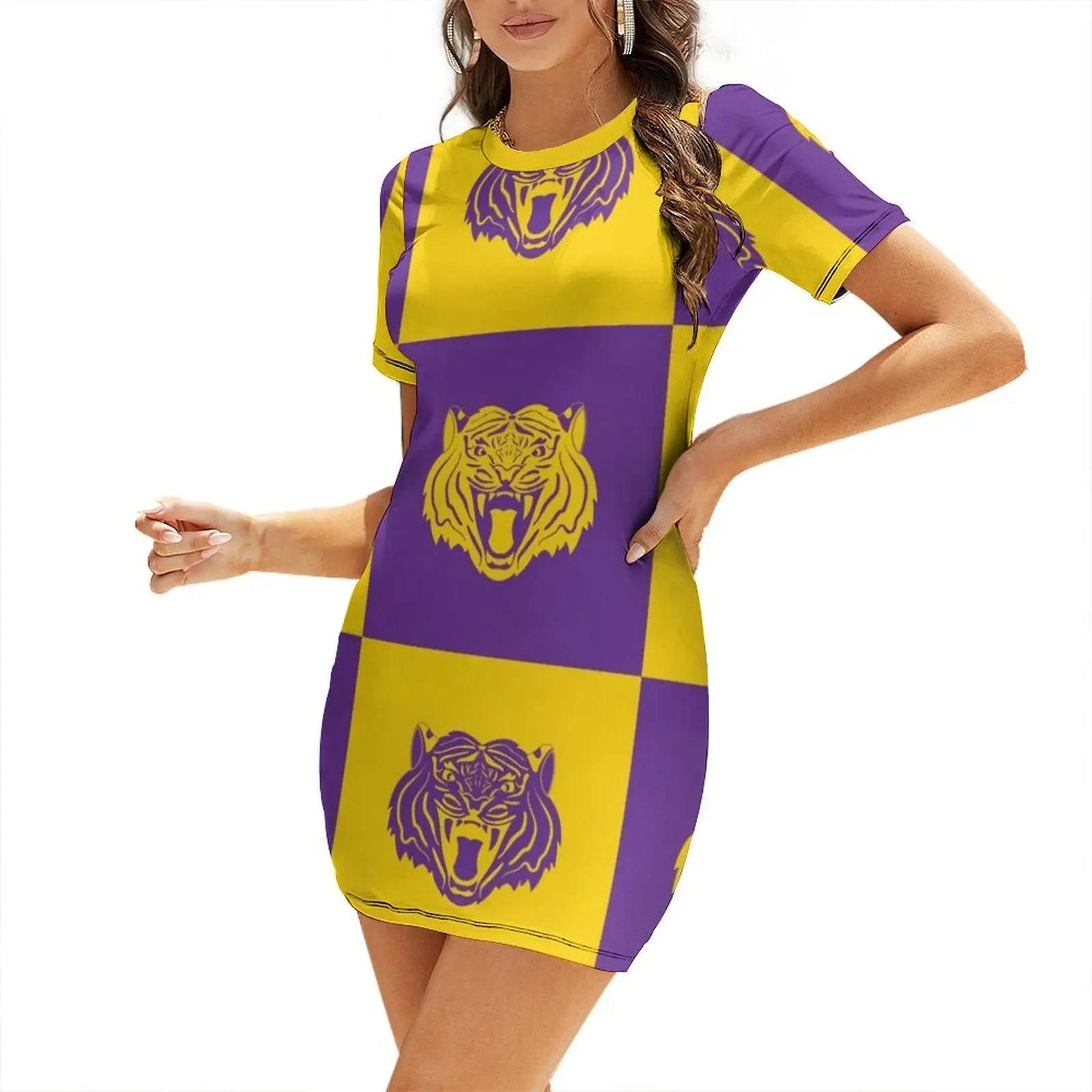 

Purple and Gold Nine Tiger Cares Short Sleeved Dress ceremony dresses loose summer dress dress korean style