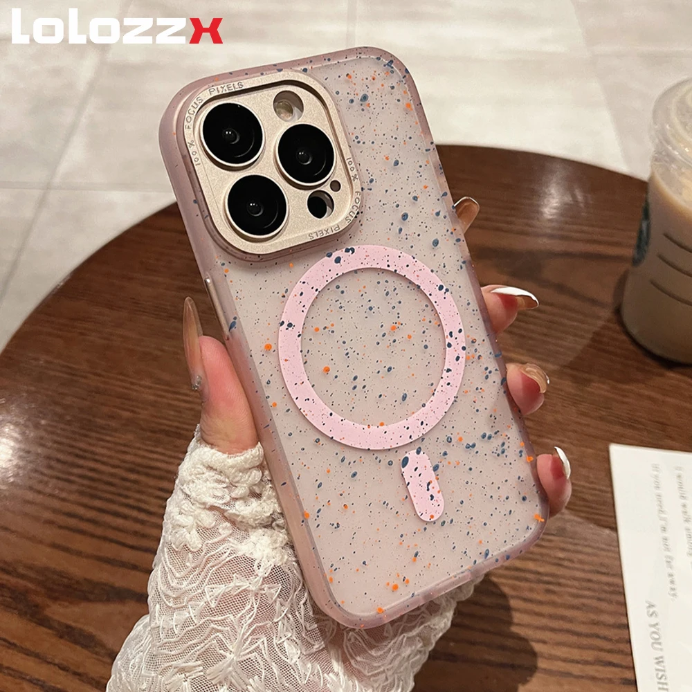 Metal Lens Protector For Magsafe Matte Case For iPhone 14 15 Plus 11 12 13 Pro Max Magnetic Wireless Charging Polka Dots Cover