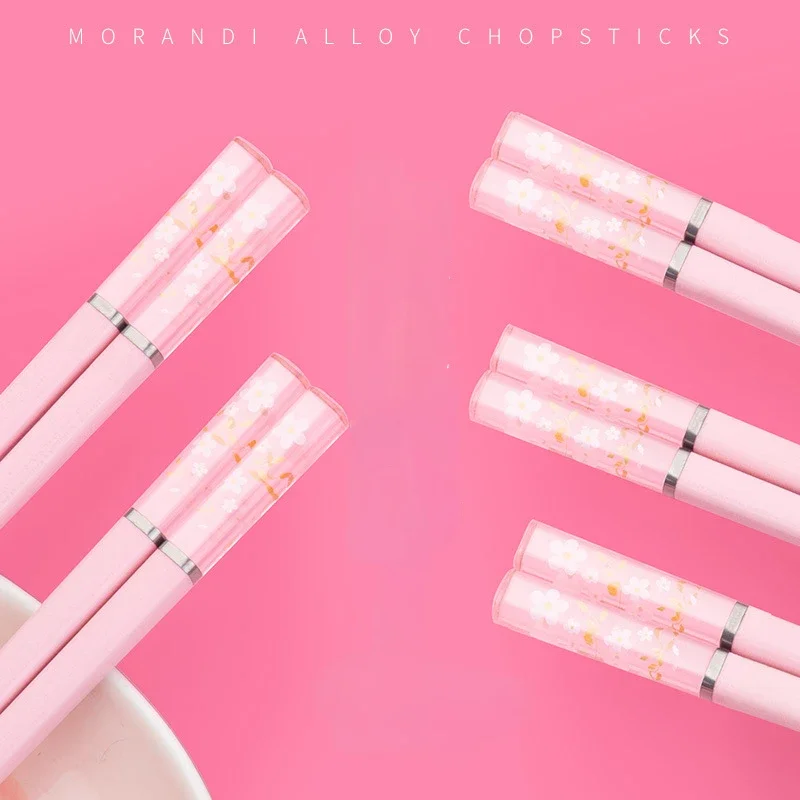 1 Pair of Household Kitchen Chopsticks Chinese Style Alloy Chopsticks Pink Cherry Blossom Chopsticks Hot Pot Kitchen Utensils