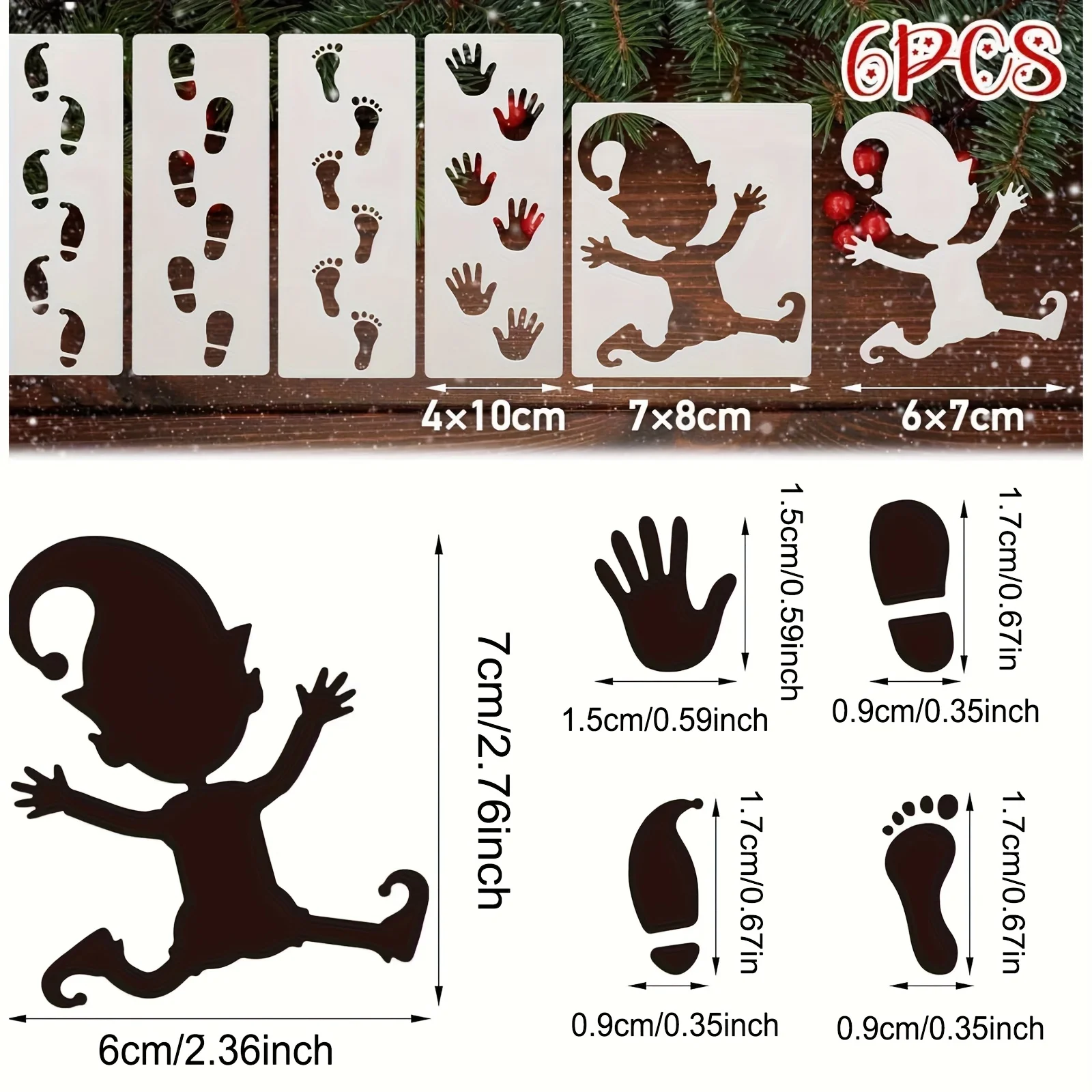 6PCS Christmas Gnome Drawing Stencils Reusable Plastic Footprint Handprint Painting Templates for Window Floor DIY Holiday Decor