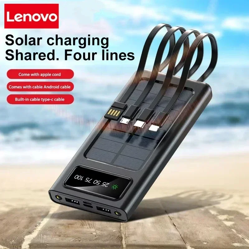 

Солнечное зарядное устройство Lenovo 200000 мАч, портативное зарядное устройство большой емкости, быстрая зарядка, двойной USB-порт, 4 кабеля для iPhone, для Xiaomi