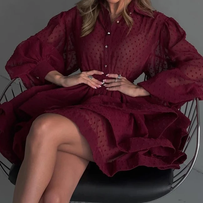 

Fashion New French Short A-word Dress Femininity Lapel Long Sleeve Single-breasted Lace-up Shirt Skirt