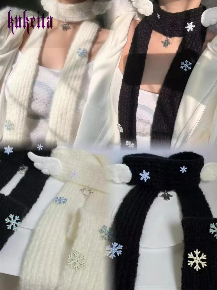 Kukeita Harajuku Black White Plush Angel Wings Scarf Women Y2k Japanese Kawaii Winter Snowflakes Warm Knitted Long Scarves