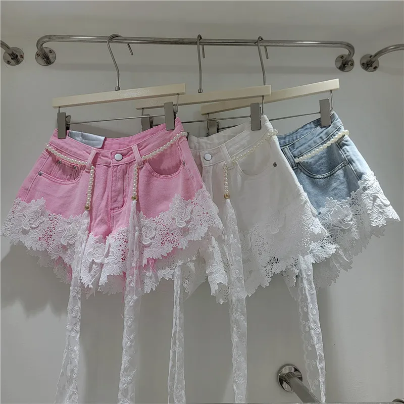 

2026 Summer New Women's Denim Shorts - Embroidered Lace Patchwork, Belted, Loose Fit, Wide Leg A-line Hot Pants