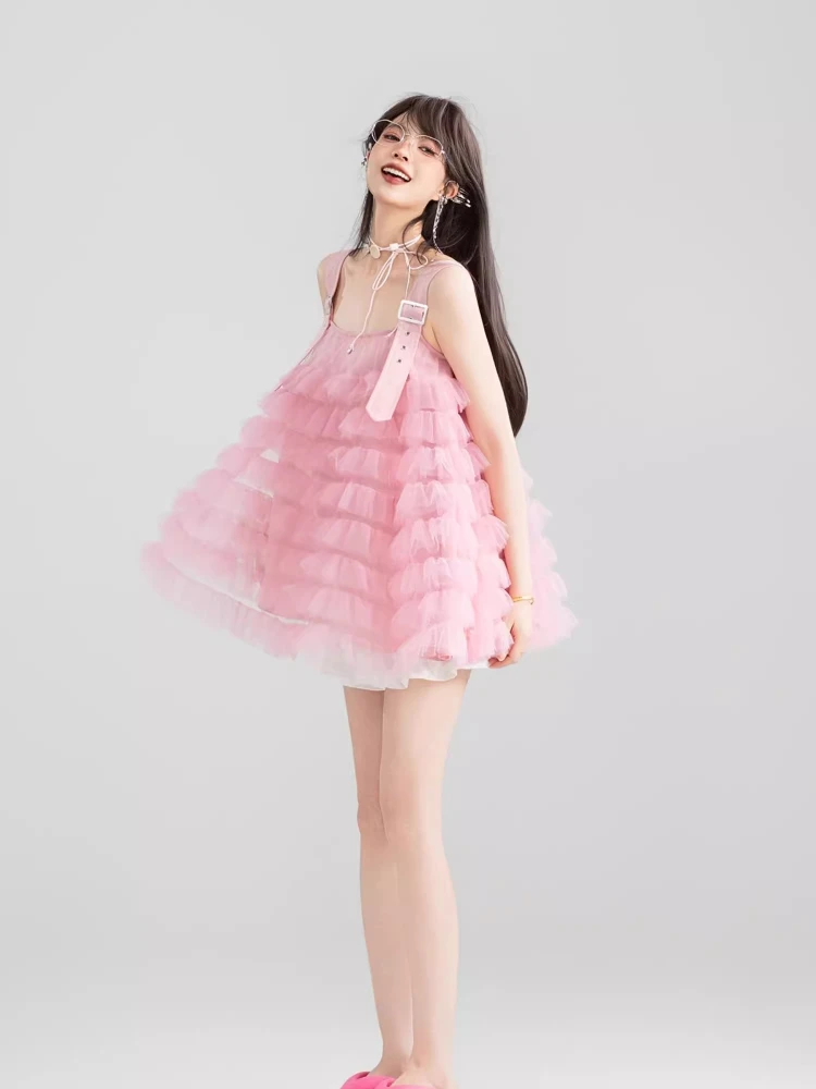 Estilo japonês doce kawaii rosa malha alças fofas mini vestidos soltos versáteis linha a babados em camadas vestido curto feminino verão