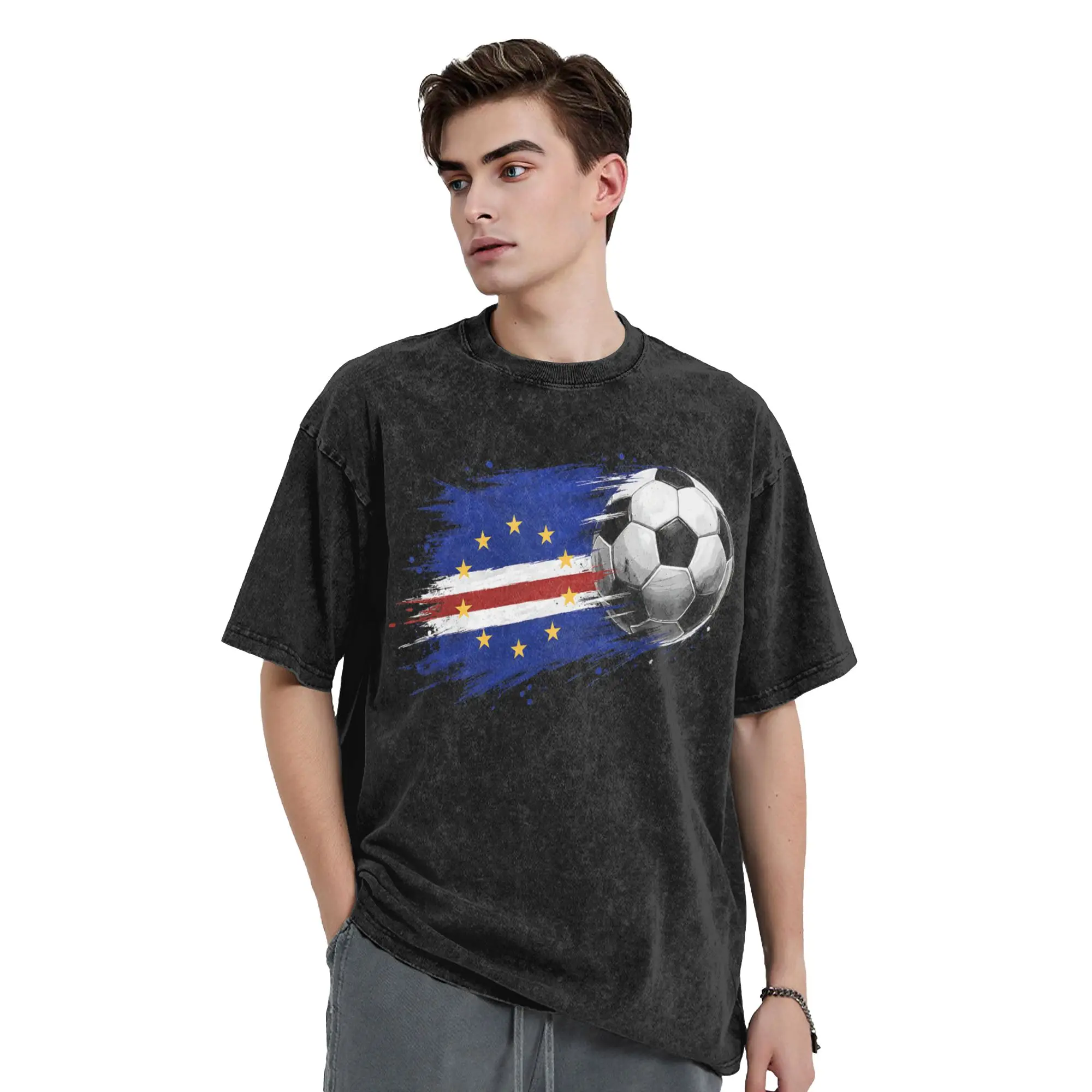 Cape Verde Flag Cabo Verde Soccer Ball Washed T Shirts Streetwear  Novelty T-Shirt  Tees for Men Women 100% Cotton Summer