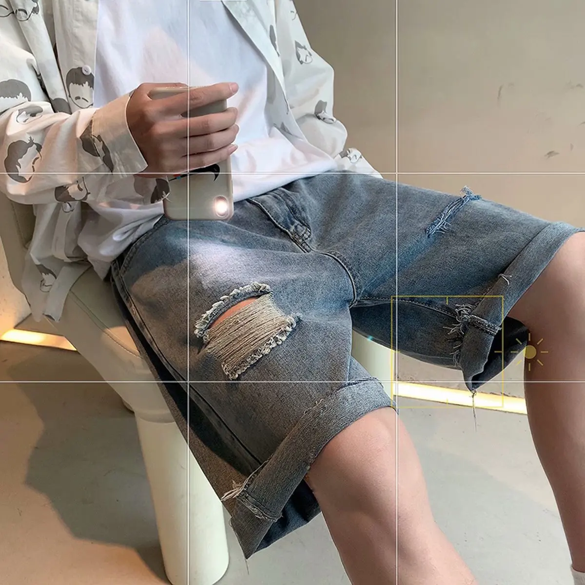 

Retro American Distred Denim ort Pants for Men Loose Straight Casual Five-length Jeans Cotton Polyester Blend Summer Wear