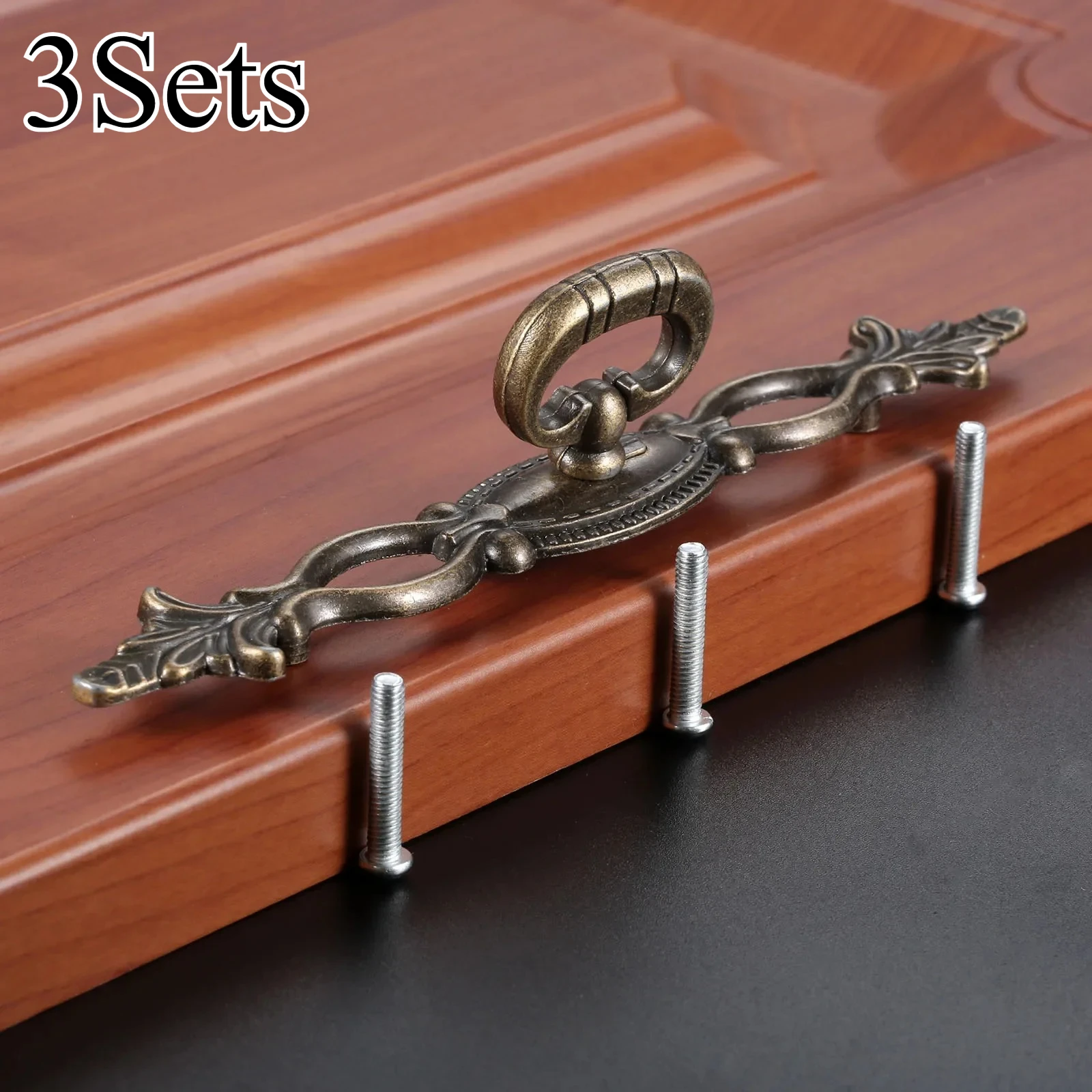 3 X Antique Style Handle Drawer Wardrobe Door Handle Wooden Box Handles With 9 Screws, Zinc Alloy, Bronze Tone
