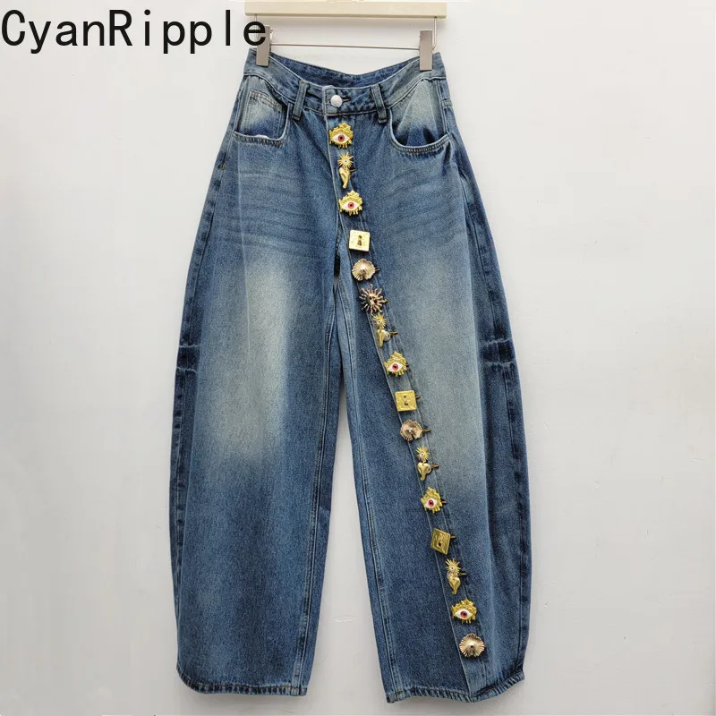 Fashionable New Spring Autumn Loose Straight Jeans Trendy Metal Decoration All-match High Waist Floor-length Casual Denim Pants
