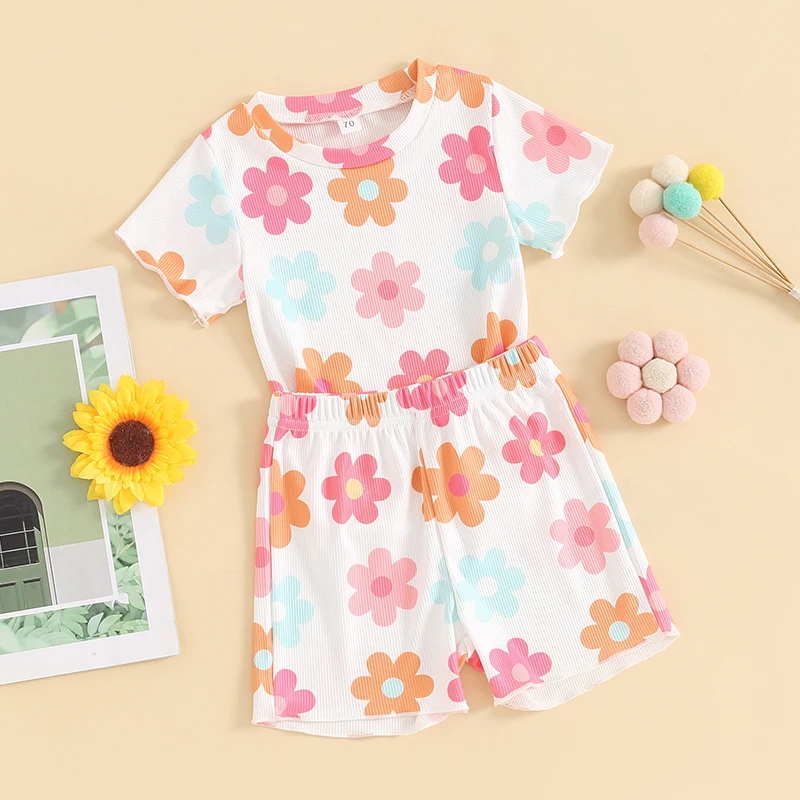 2024-03-19 Lioraitiin Toddler Girl Summer Outfit Flower Print Round Neck Short Sleeve T-Shirts Tops and Shorts 2Pcs Clothes Set