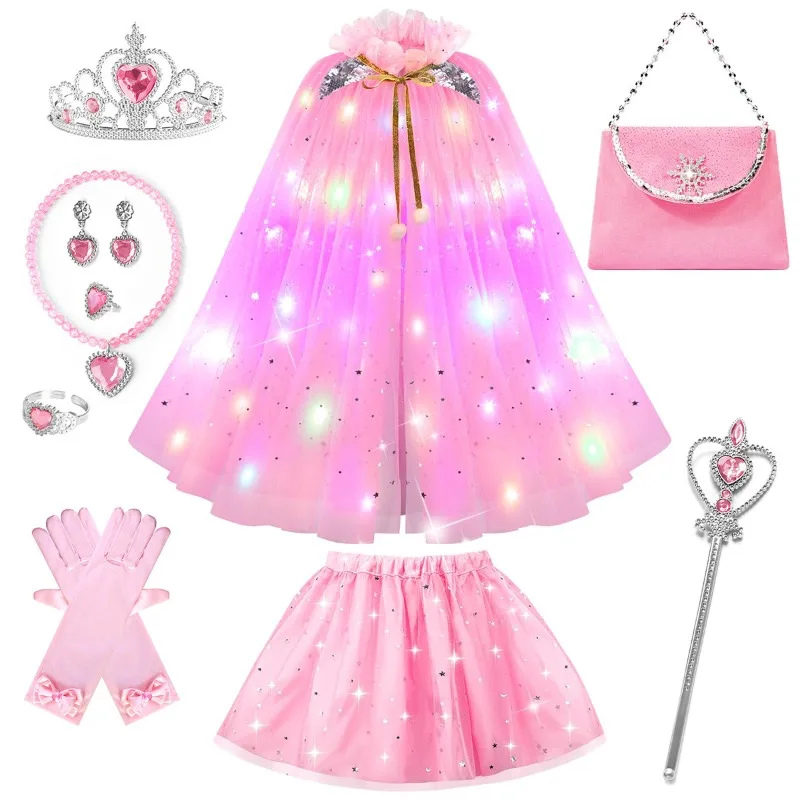 Pink LED Luminous Cloak Set for Girls, Long Tulle Glowing Shawl, Exquisite Clothes for Kids Halloween, Birthday, Stage and Party