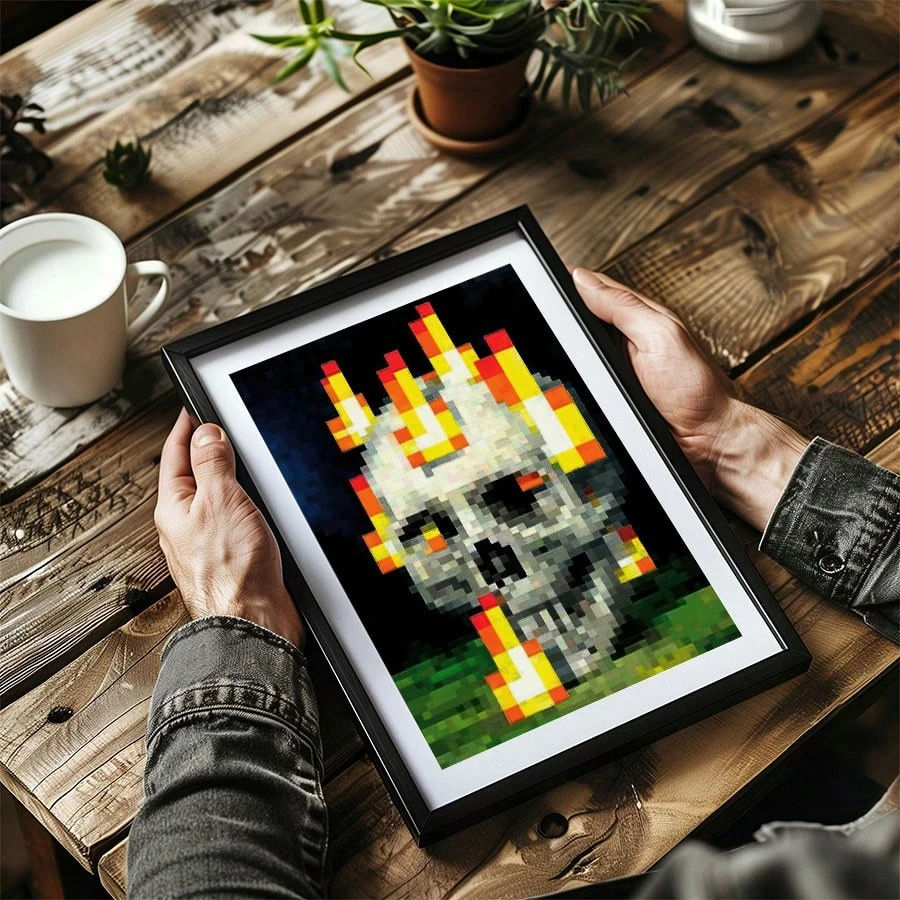 1pc Pixel Flaming Skull Wall Art: Polyester 2D Flat Print. Frameless Decor for Bedroom/Living Room, Edgy Home Accessory