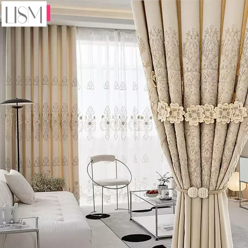 

European Light Luxury Beige Curtains for Living Room and Bedroom Modern Embroidered Tulle Window Blackout Valance Decor Custom