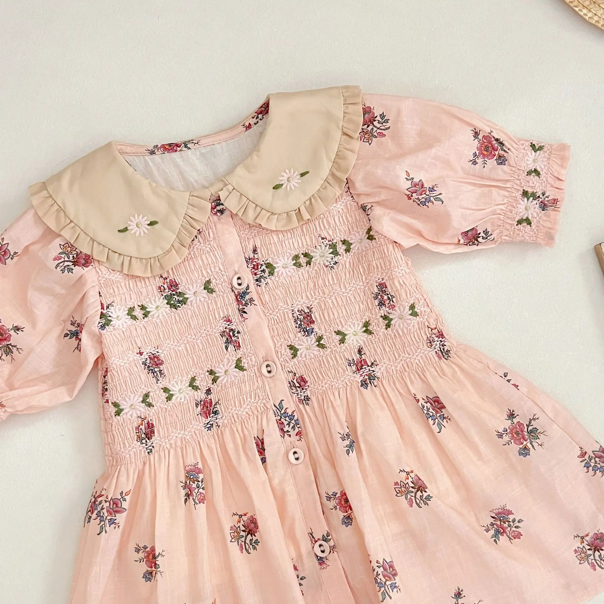 In stock! Children's dress 2026 summer BD girl's heavy embroidery floral print smocked puff sleeve shirt dress