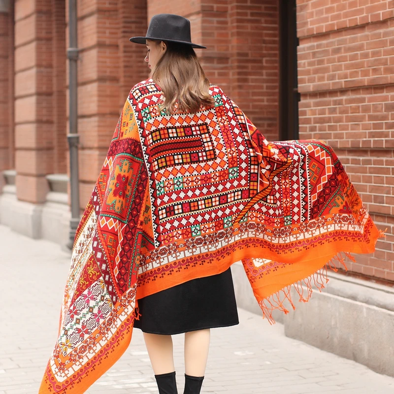 DANA XU 100% Wool Big Oversized Scarf Women Orange Ethnic Geometric Print Warm Winter Shawl Pashmina Wrap Tassels 245x110cm Gift