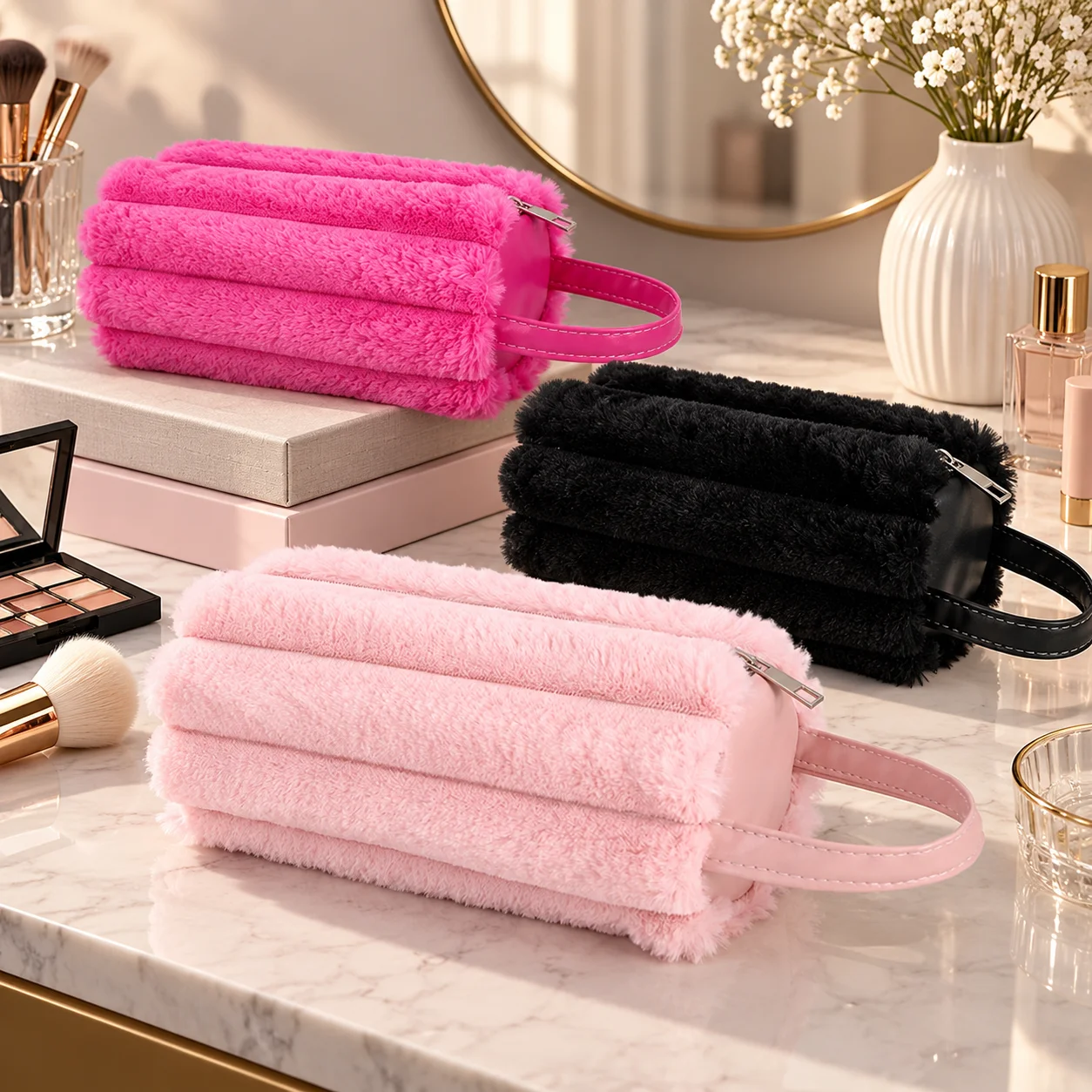 Handheld Makeup Bag, Large Capacity, Fluffy Plush Stripe, Toiletry Storage Bag, Suitable For Outdoor Travel And Daily Carrying