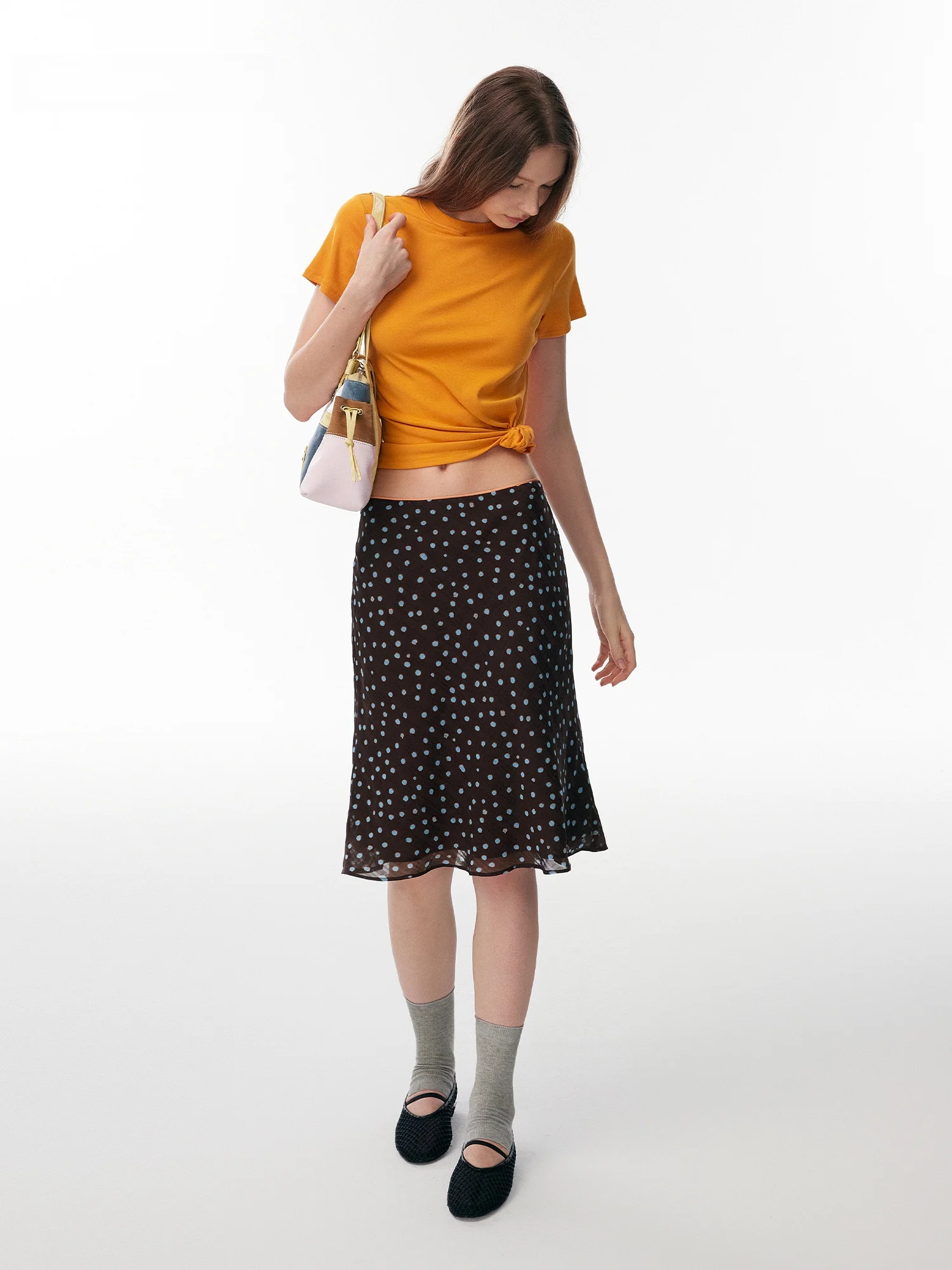Annachic Summer Vacation Polka Dot Color Block A-Line  Skirt Lightweight Flounce Hem Daily Wear Polyester Fiber Zipper Cl...