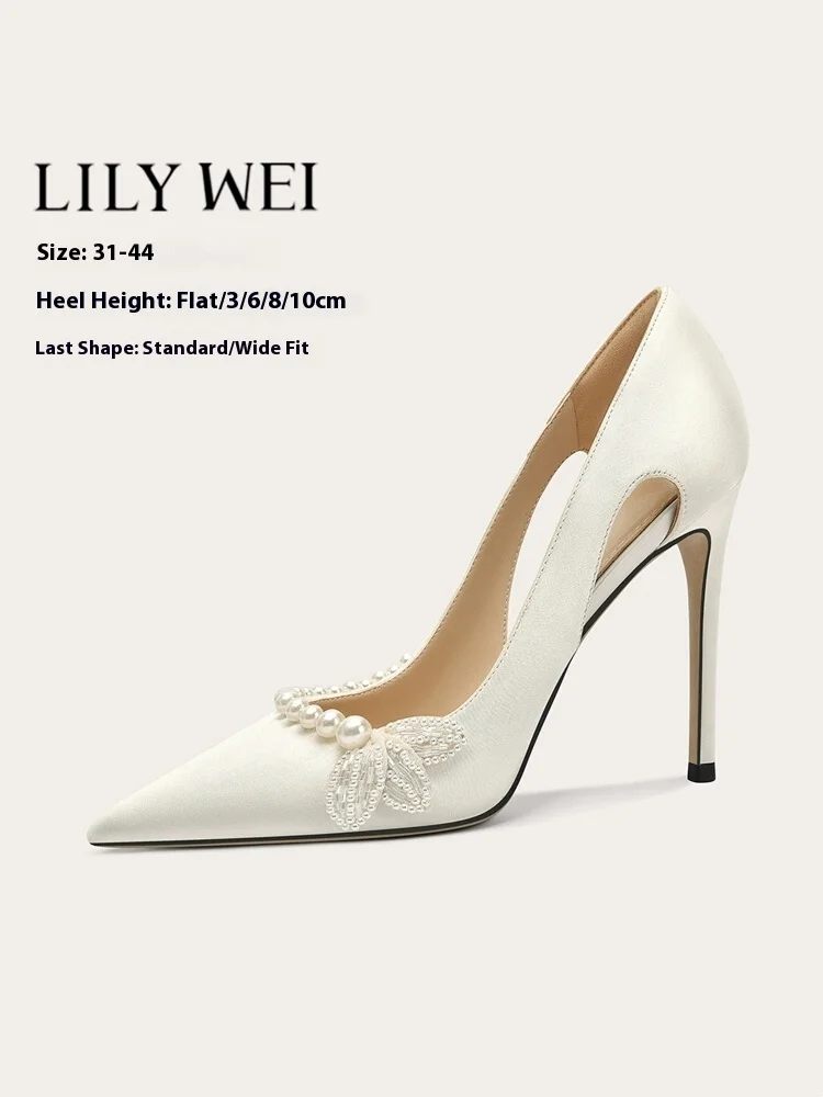 

Spring new pointed shallow silk hollow pearl flat wedding shoes thin high-heeled banquet large size small size women's shoes