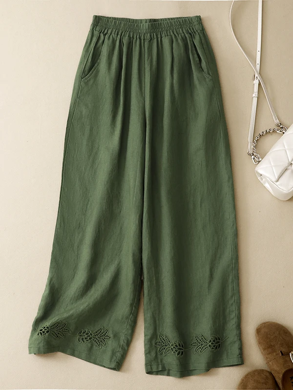 

Comfortable Loose Casual Linen Straight Leg Pants Vintage Summer Women's Clothing Skin-friendly Hollow out Design Natural Waist
