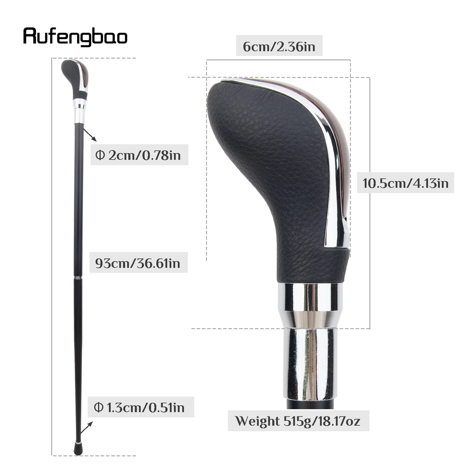 Black Leather Brown Wooden Silvery Cane Fashion Stick Gentleman Elegant Cosplay Cane Crosier Performance Stage Cane 93cm