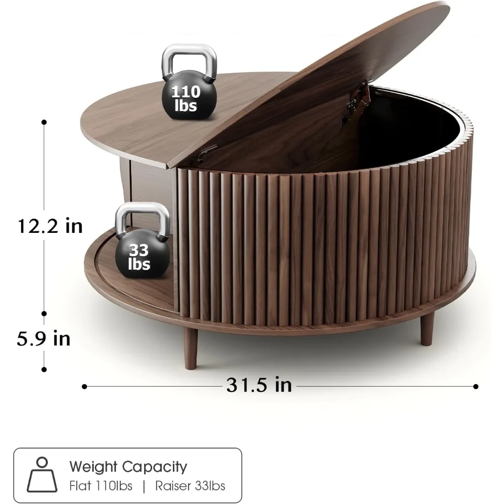 Tavolino rotondo con contenitore, tavolino moderno di metà secolo con anta scorrevole dell'armadio, tavolino da caffè per soggiorno