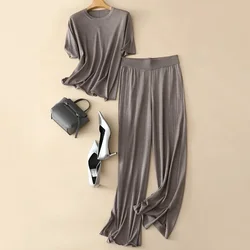 Summer New Worsted Silk Wool Suit Fashion Casual Short-sleeved Sweater Wide-leg Pants Two-piece Suit