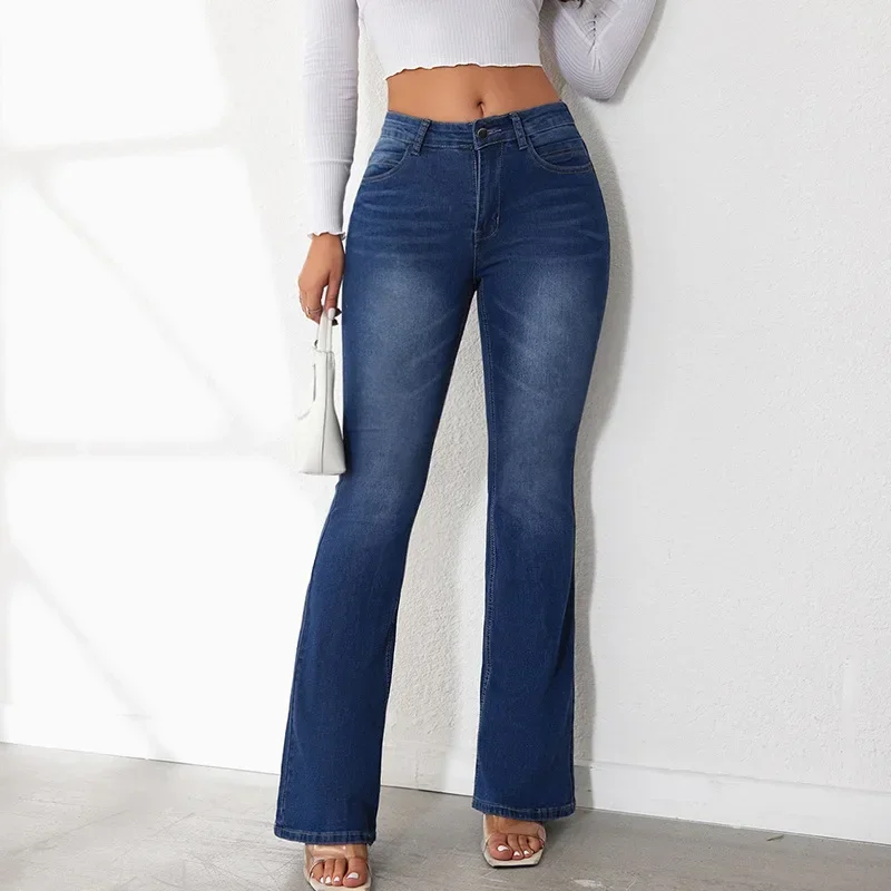 Flared Pants Jeans Women Denim Boot Cut Vintage Streetwear High Waist Washed Distressed Basis Floor Length Trousers 2025