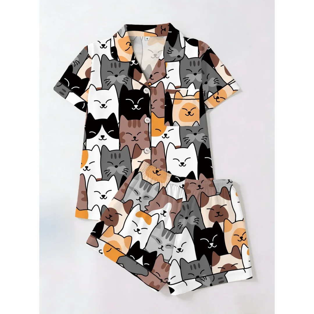 

Carton Animal Themed Pajamas 2pcs with Cats Puppy Print Lapel Short Sleeve Shorts Pants Loungewear Home Wear Set Gifts for Women