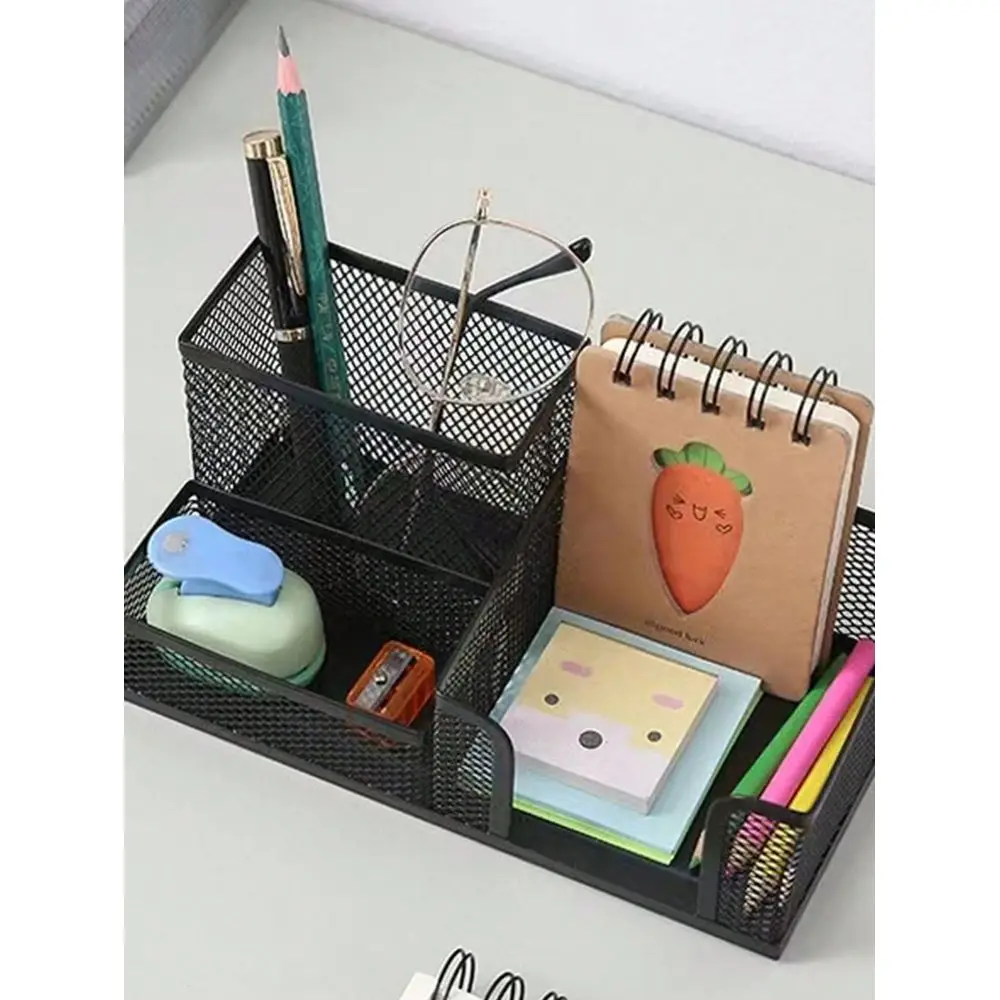 In 1 Metal Mesh Pen Holder For Desk, 3 Compartments Pencil Holder Desk Organizer Caddy With Sticky Notes Holder Easy Storage Su