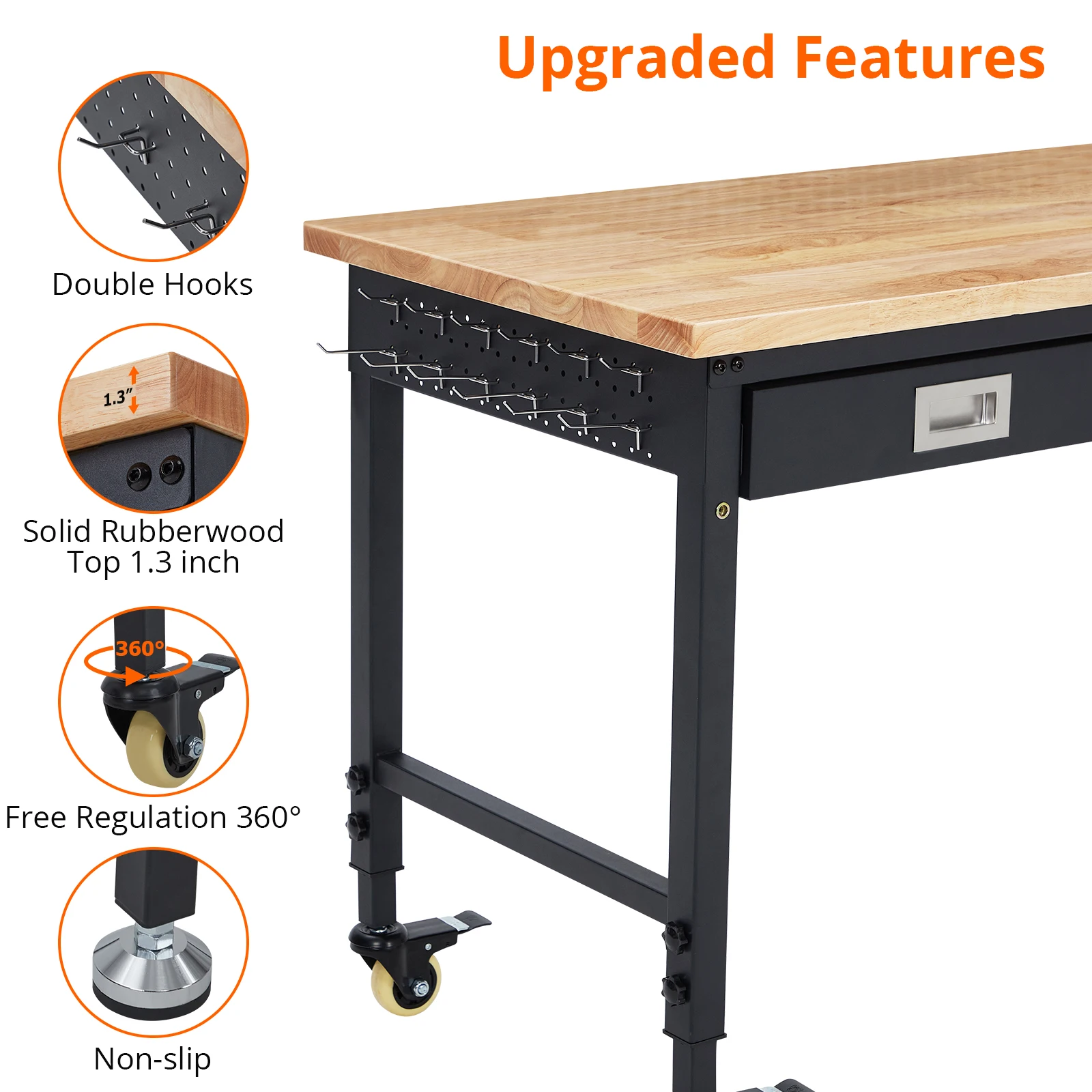 Adjustable Workbench, Heavy Duty Workstation , Rubber Wood Top Workstation with 4 Rolling Casters, Power Outlets, Metal Frame, Wood Top Workbench for Workshop Garage