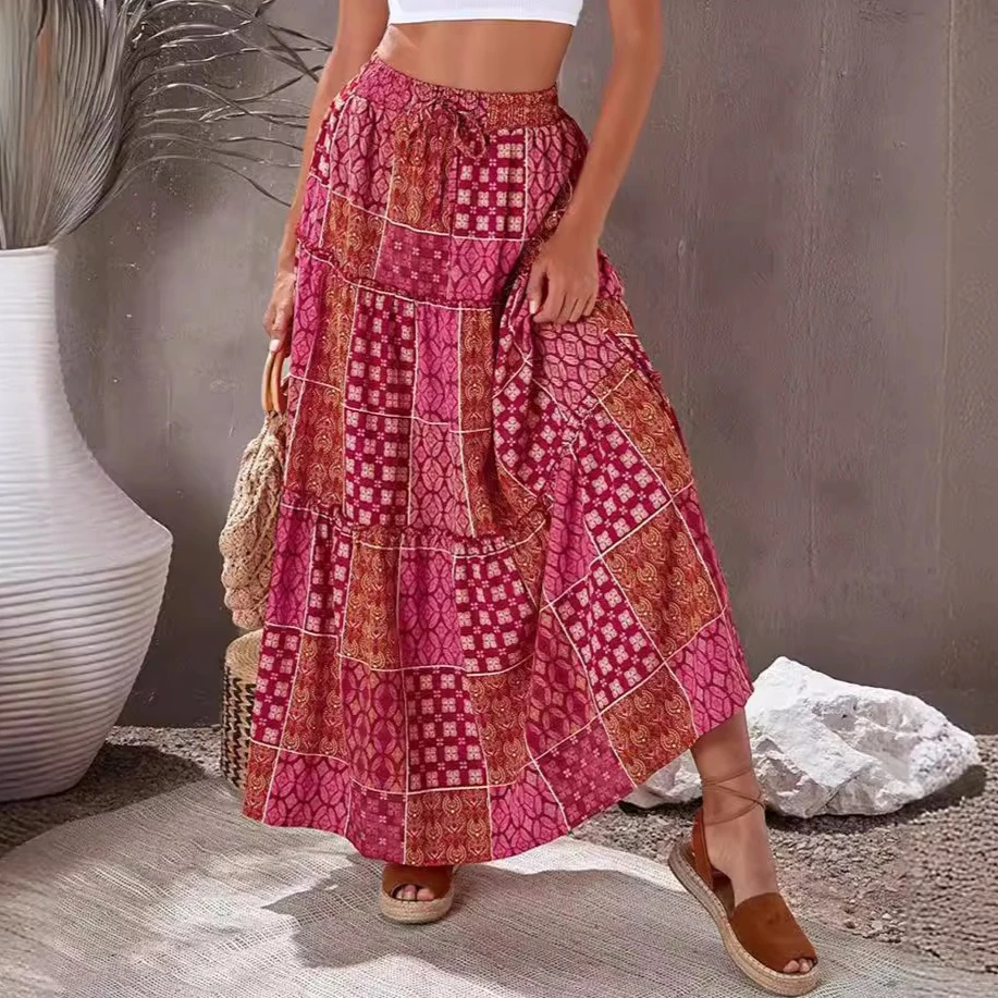 

A Line Ankle Length Skirt Women Print Spliced Skirts Lady Loose Cake Elastic Waist Patchwork Maxi Beach Bohemian Summer 2025