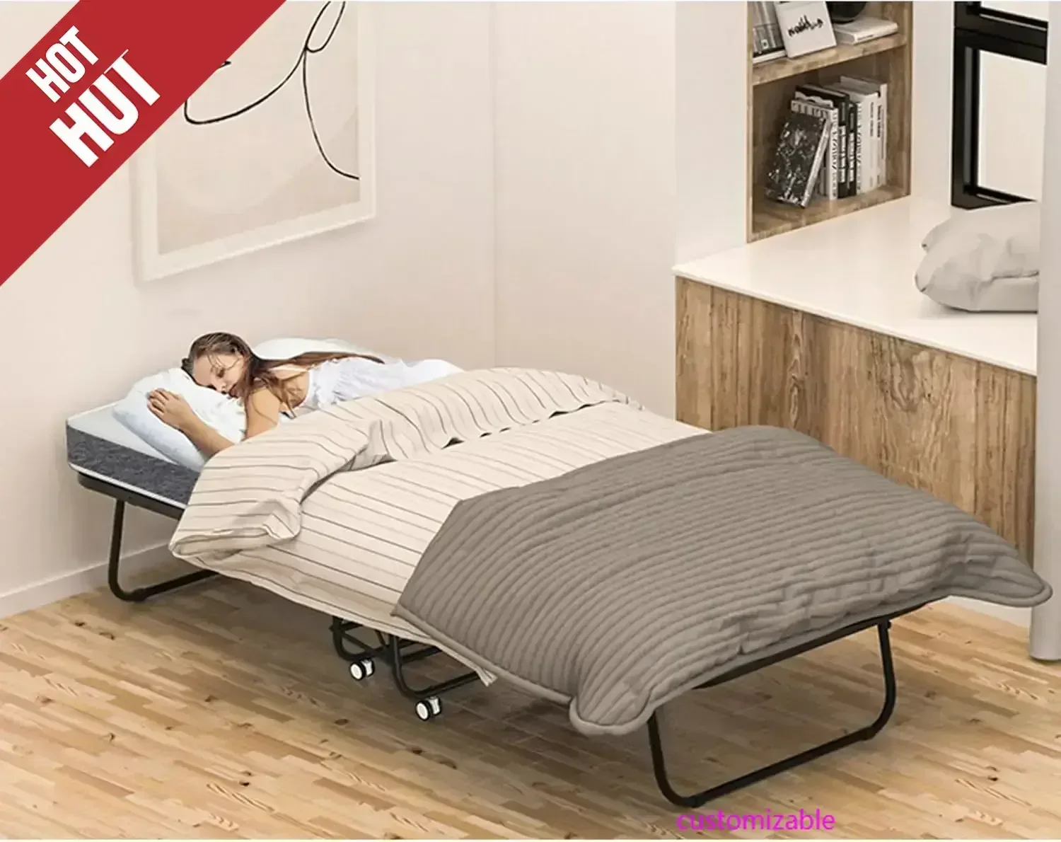 Large Folding Bed with Mattress for Adult - 75''x46'' Portable Foldable Rollaway Bed for Guest, Space Saving Fold Up Bed