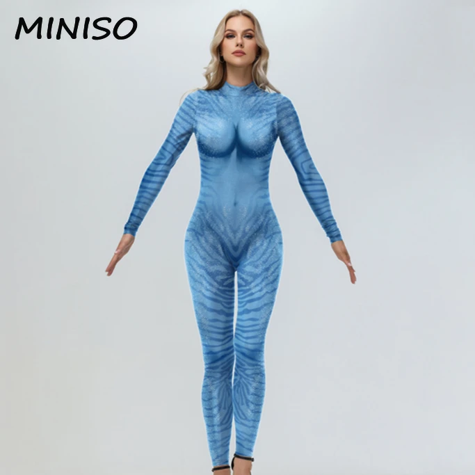 Miniso Film Avatar Kostüm Zentai Frauen Catsuit Outfits Halloween Cosplay Alien Kostüm Party Jumps uit elastische Bodys