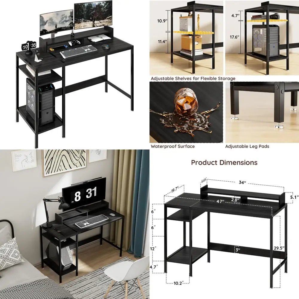 مكتب ألعاب ومنزلي للشاشات المزدوجة، مكتب كمبيوتر أسود مقاس 47 بوصة مع مساحة تخزين وحامل شاشة قابل للتعديل #1