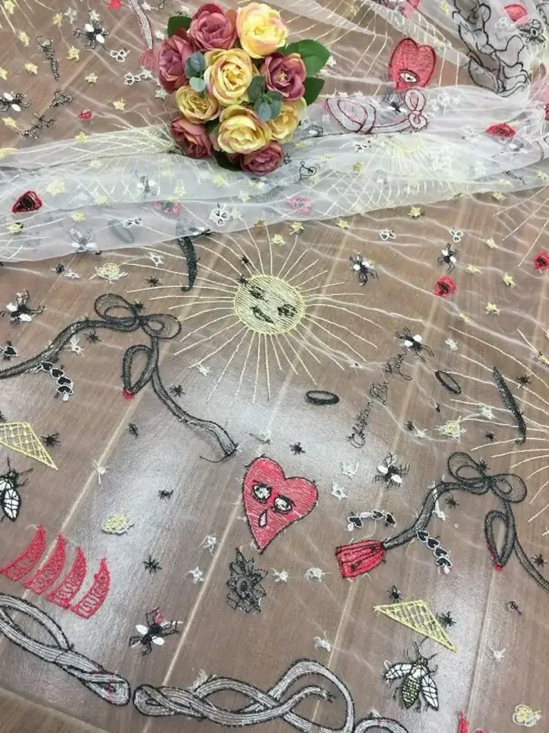 

1 Yard Sun flower star lace fabric, Gold heart-shaped embroidery lace fabric For Wedding Gown Party Dress