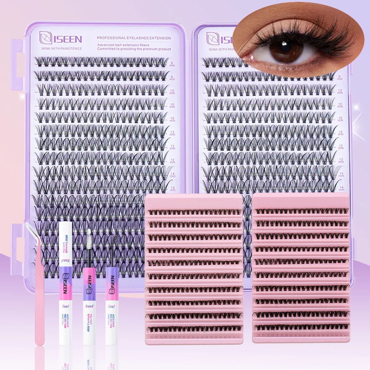 DIYまつげクラスター フェイクミンクまつげ まつげエクステ ボリュームたっぷり ふわふわ ウィスピー ボンドとシール付き まつげピンセット