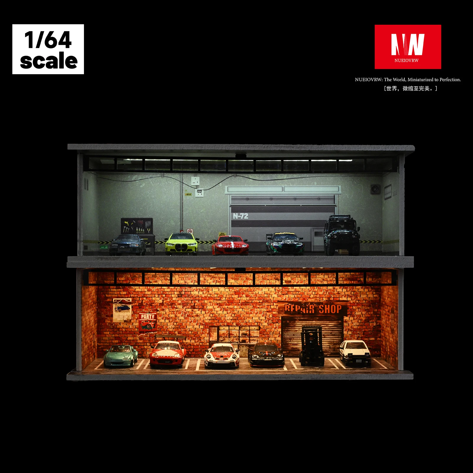 1: 64 Diorama الأصلي موقف سيارات نموذج LED الإضاءة خمر الطوب الأحمر سيارة المرآب عرض المشهد نموذج اللعب