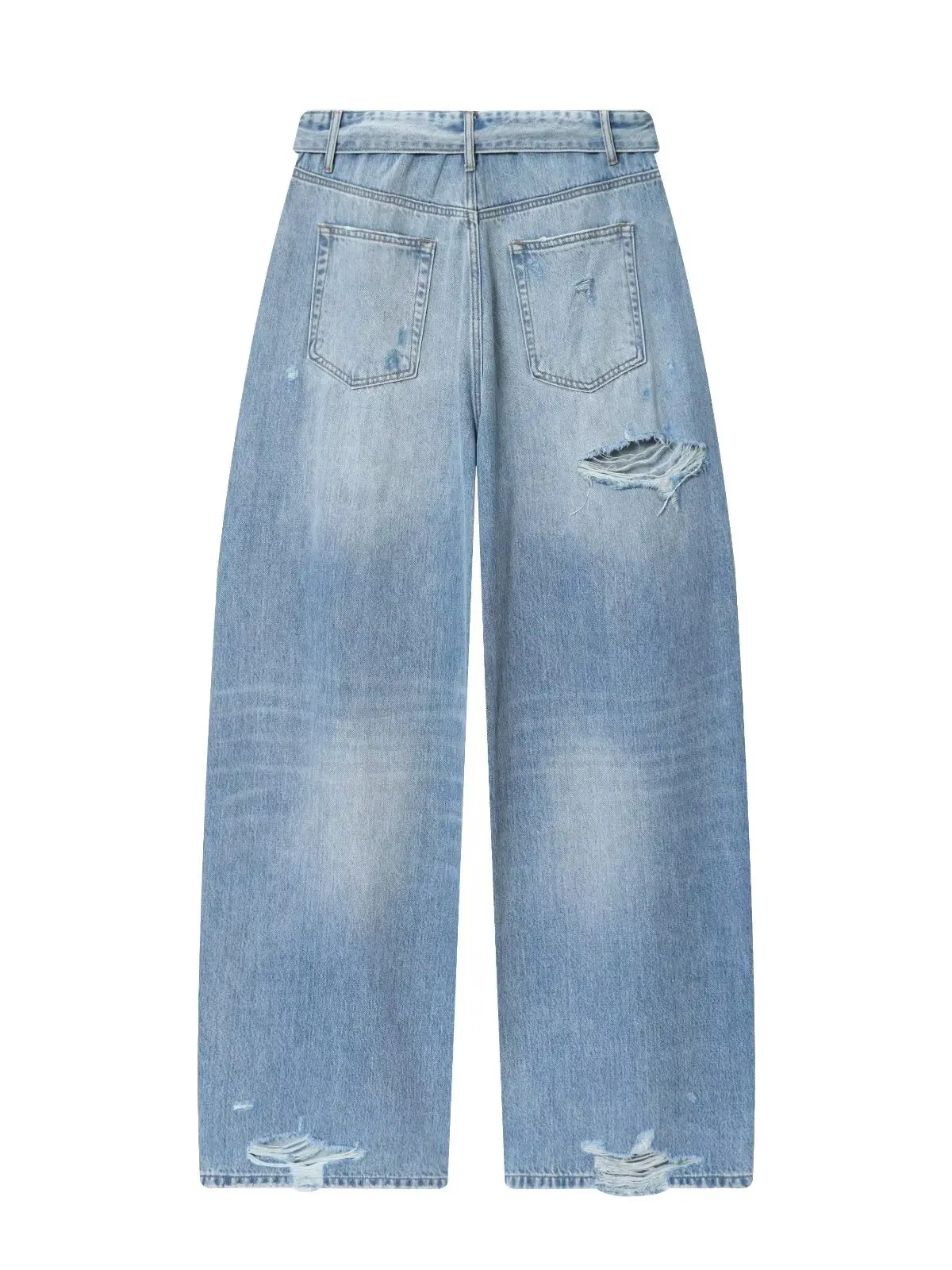 Fashionable Mid-Rise Cuffed Denim Jeans Women's Autumn New Style Casual Loose Fit Elastic Waistband Hole Design Natural Waist