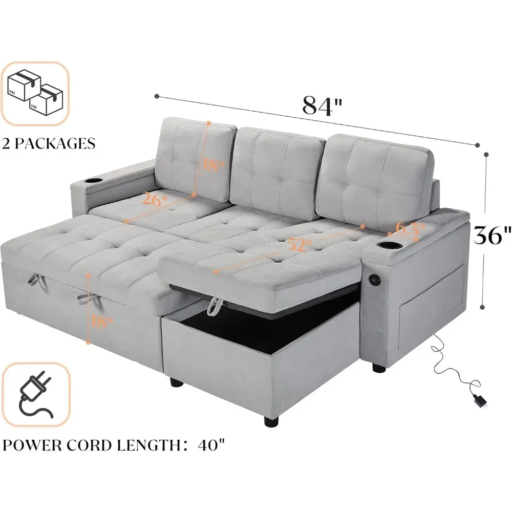 Sleeper Sofa with USB Charging Port & Cup Holders, L-Shaped Sectional Couch with Storage Chaise, Comfy Couch，Pull Out Sofa Bed